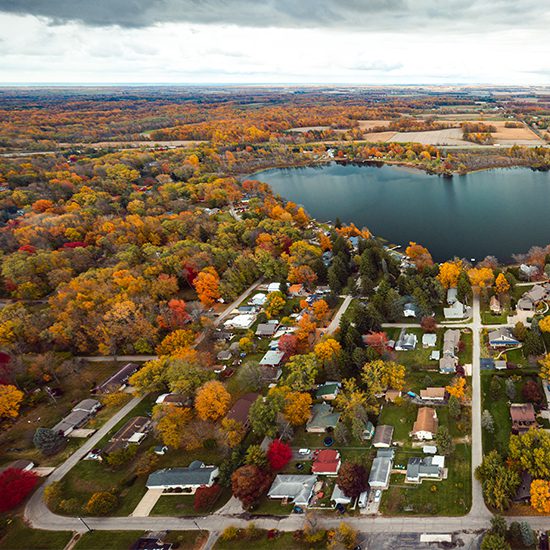 Beautiful full panoramic aerial view of the heart shaped Saugany Lake ...